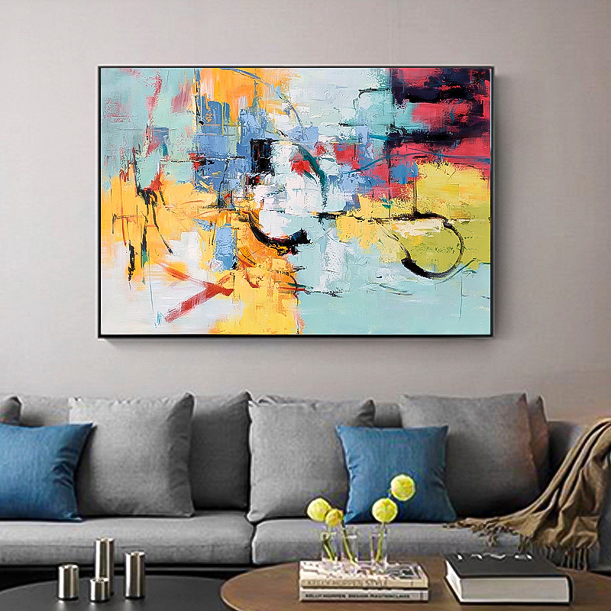 Bold Colors Huge wall art Oil Painting Abstract brush stroke art Wall Art therapy Horizontal