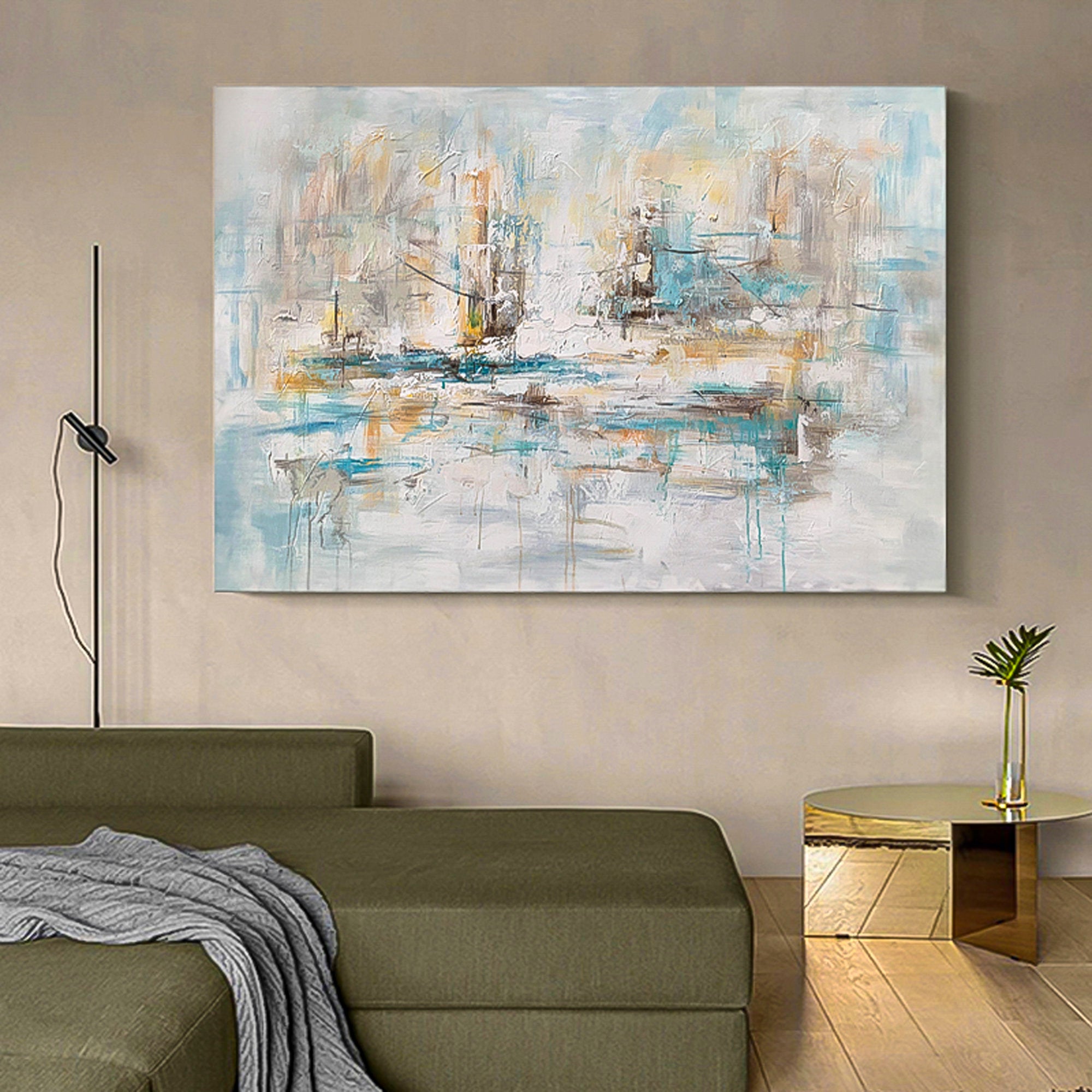 Beige white City landscape buildings skyline Huge wall art Oil Painting Abstract brush stroke art Wall Art therapy Horizontal