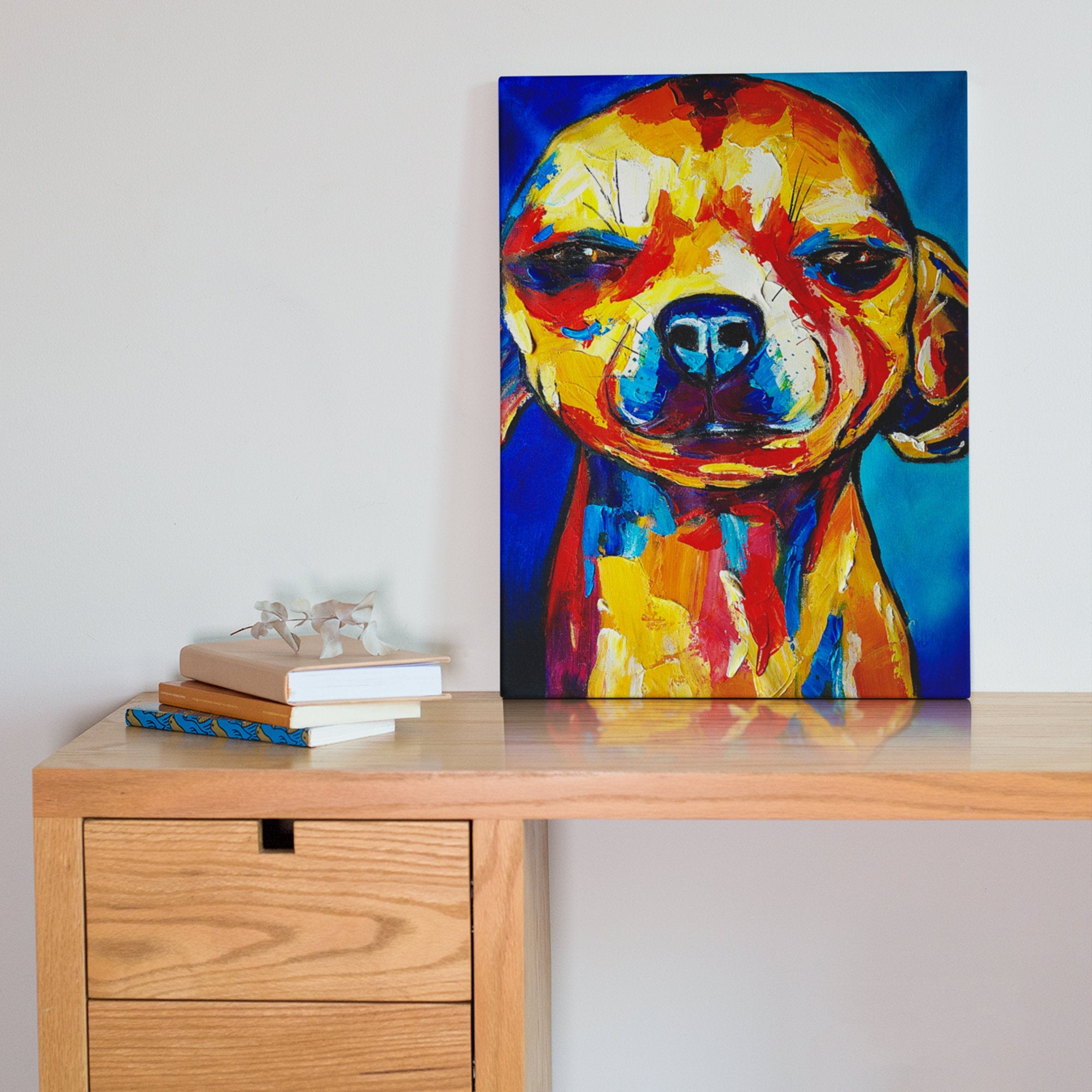 Chihuahua pop art colorful dog painting brush stroke art heavy textured palette knife canvas vertical