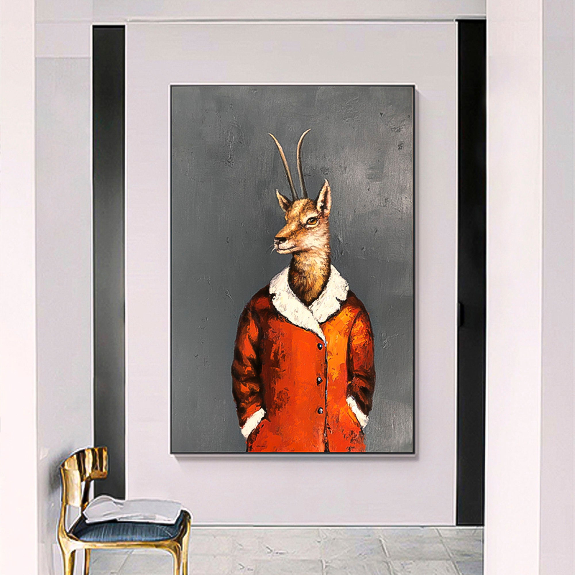 Deer in suit wall art Expression Art Abstract vertical brush stroke art vertical