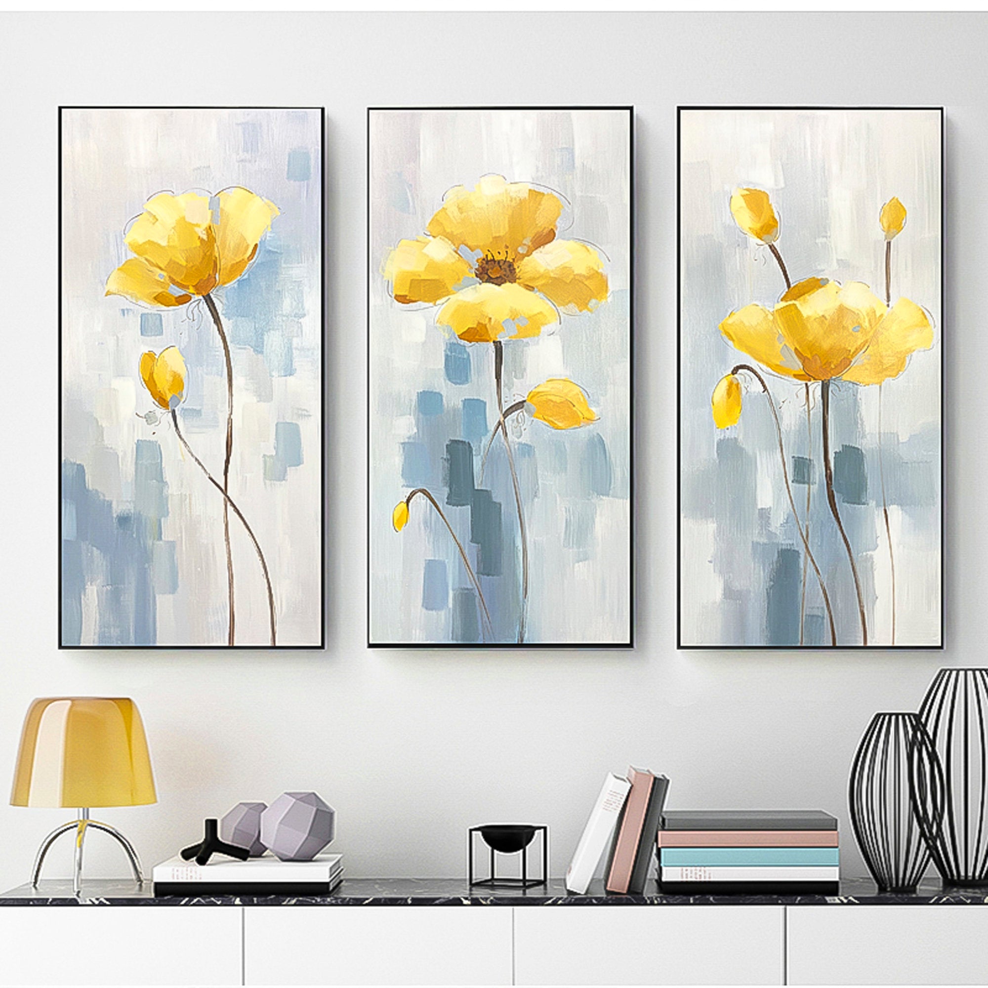 Abstract Floral Oil Painting Yellow leaf coral pink Oil Paint Canvas Set of 3 Abstract Canvas Wall Art Wall minimalist triptych wall art