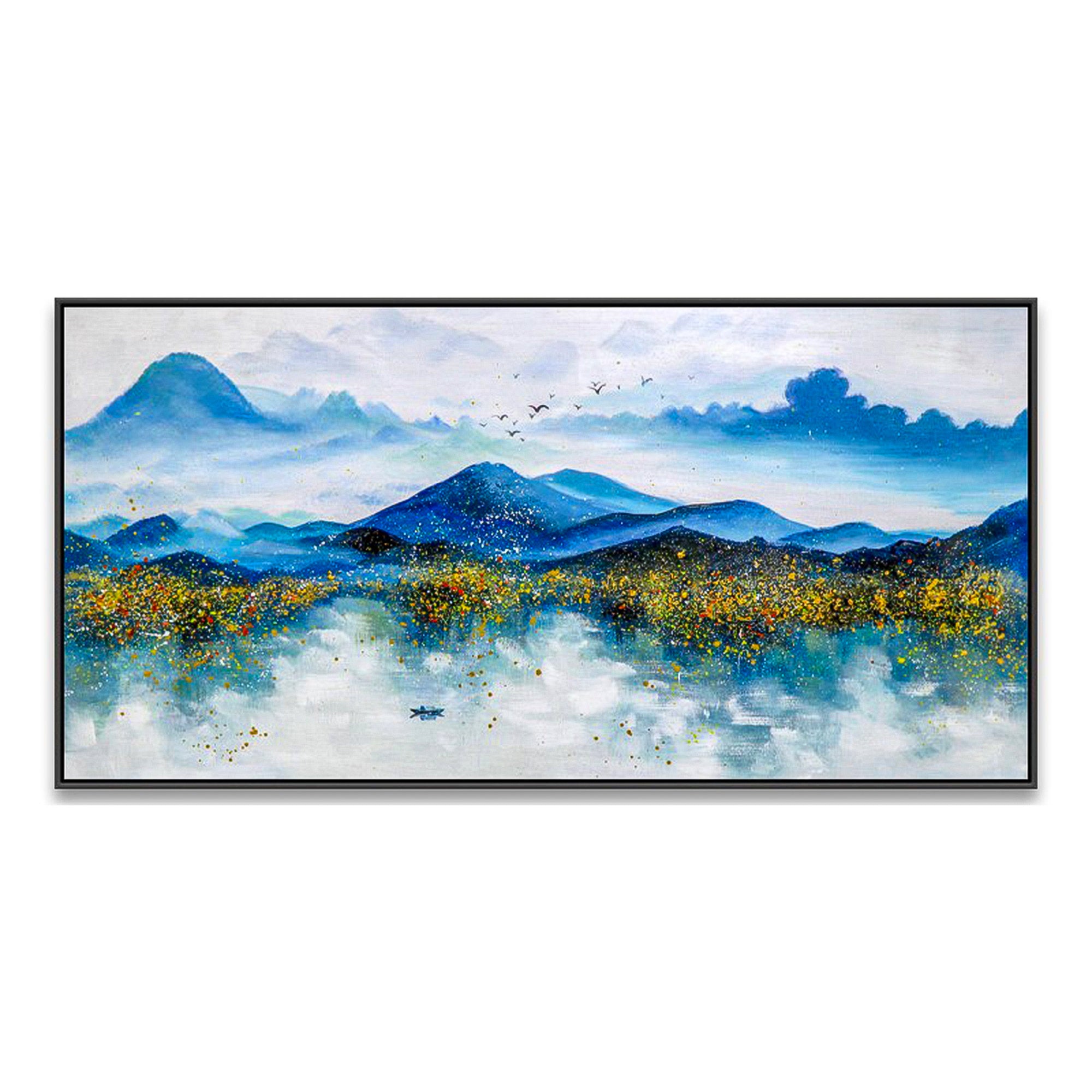 Blue mountain Chinese mountain painting Oil Paintings On Canvas with gold foil Fine Art Contemporary Painting Panoramic wall art