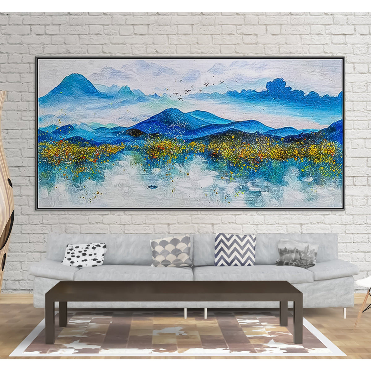 Blue mountain Chinese mountain painting Oil Paintings On Canvas with gold foil Fine Art Contemporary Painting Panoramic wall art