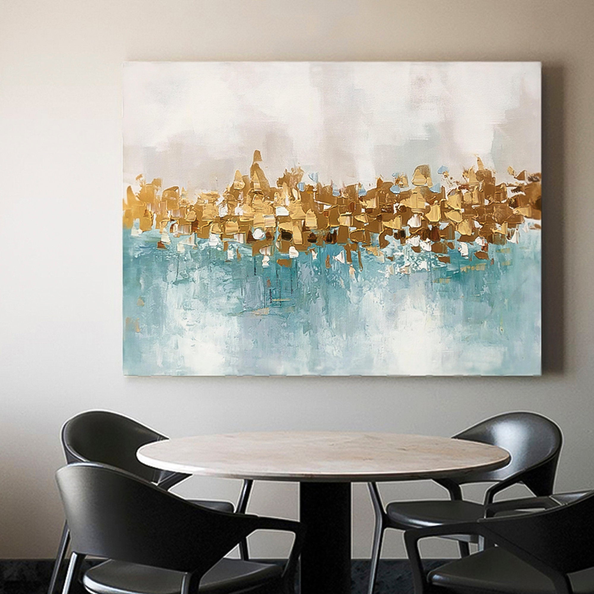 Gold foil art Sea Ocean Huge wall art Oil Painting Abstract brush stroke art Wall Art therapy Horizontal