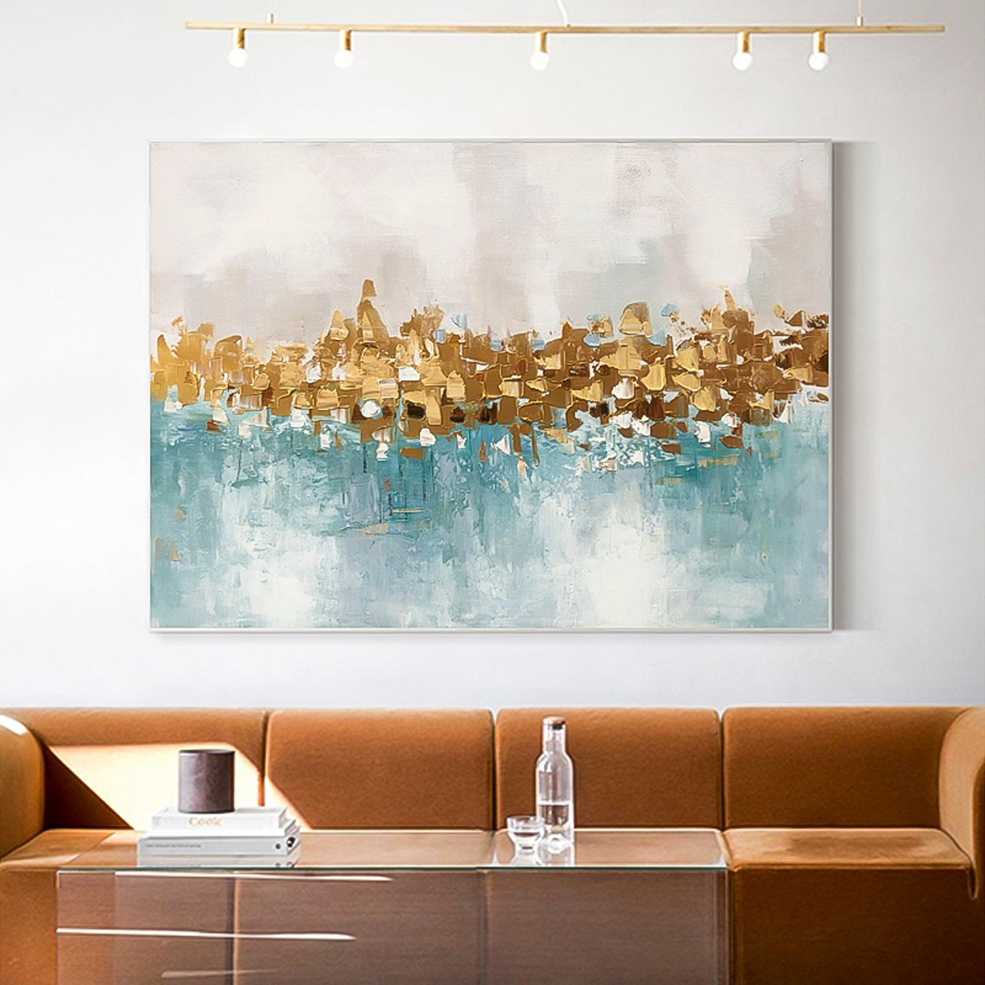 Gold foil art Sea Ocean Huge wall art Oil Painting Abstract brush stroke art Wall Art therapy Horizontal