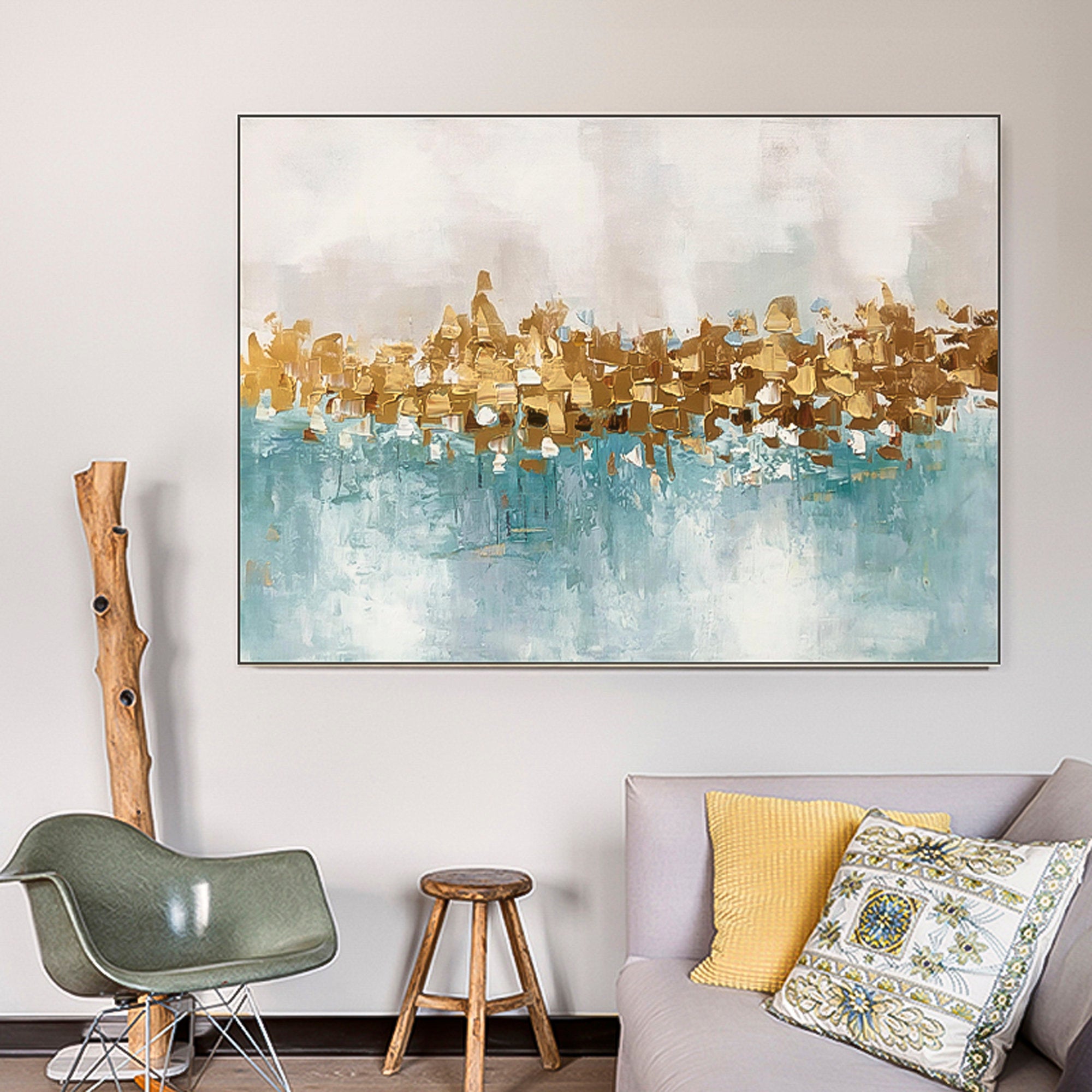 Gold foil art Sea Ocean Huge wall art Oil Painting Abstract brush stroke art Wall Art therapy Horizontal