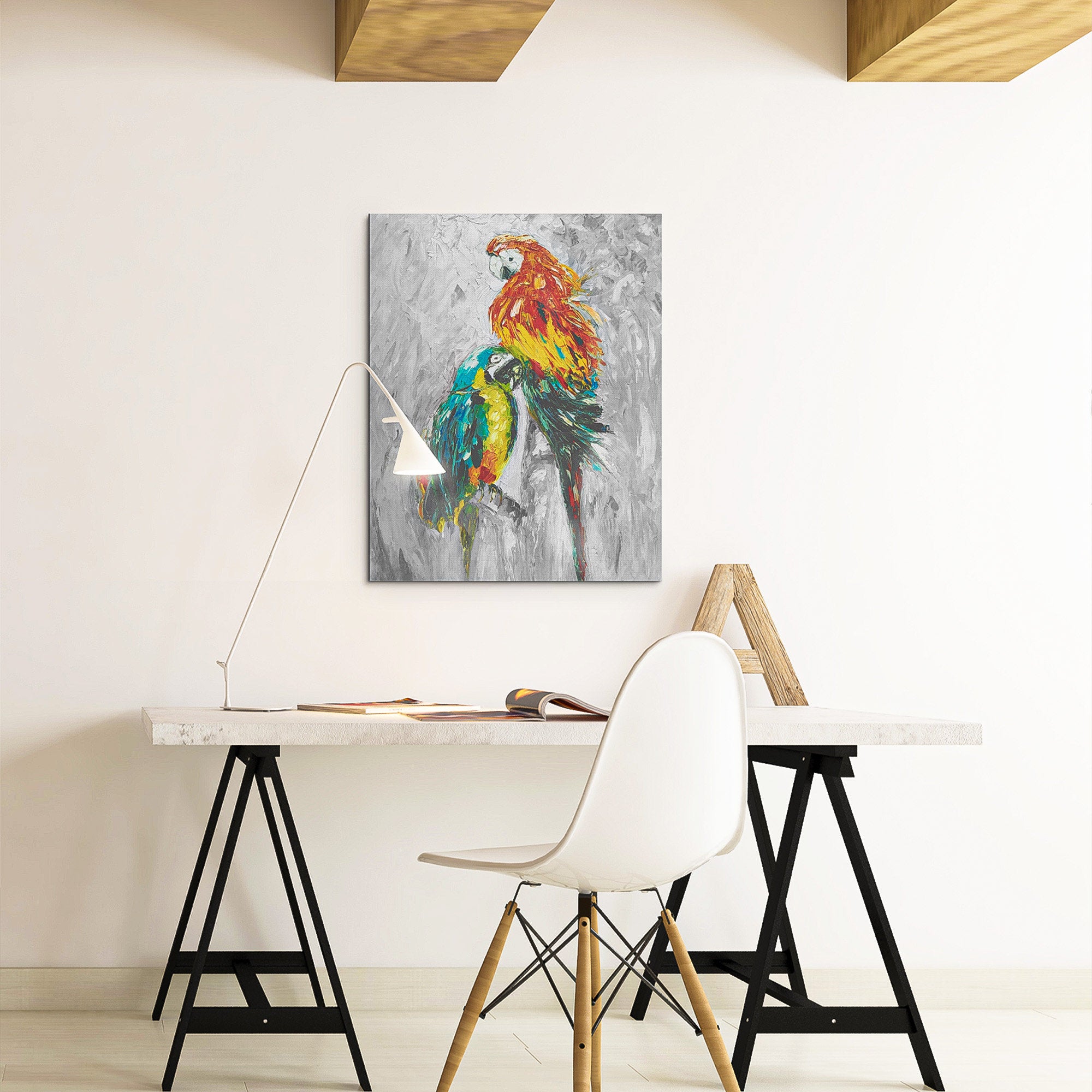 Yellow and gray bird art decor, wall art canvas bird, brush stroke art heavy textured palette knife canvas vertical