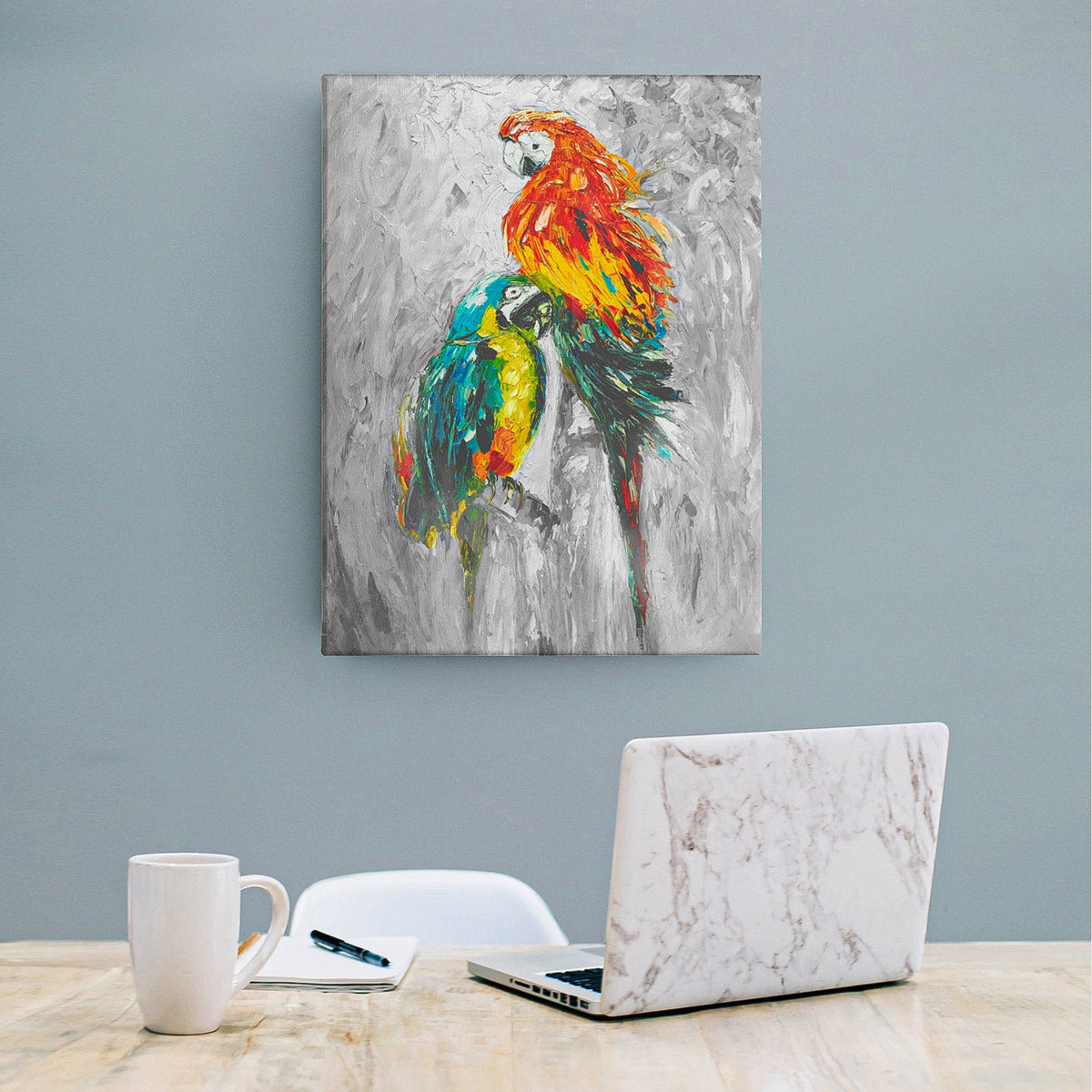 Yellow and gray bird art decor, wall art canvas bird, brush stroke art heavy textured palette knife canvas vertical