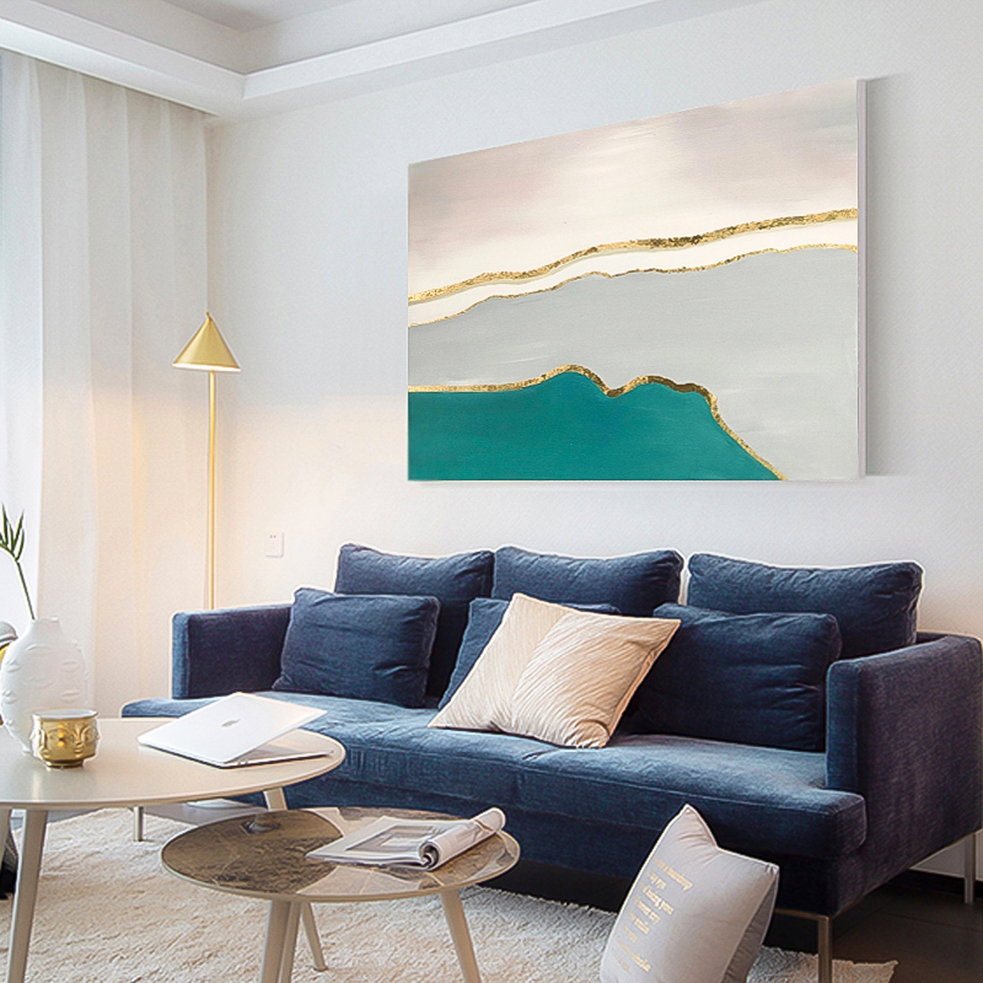 Green Sea Ocean Marble Oil Painting Abstract Gold Foil Art Navy Blue Light Blue Wall Art therapy Horizontal