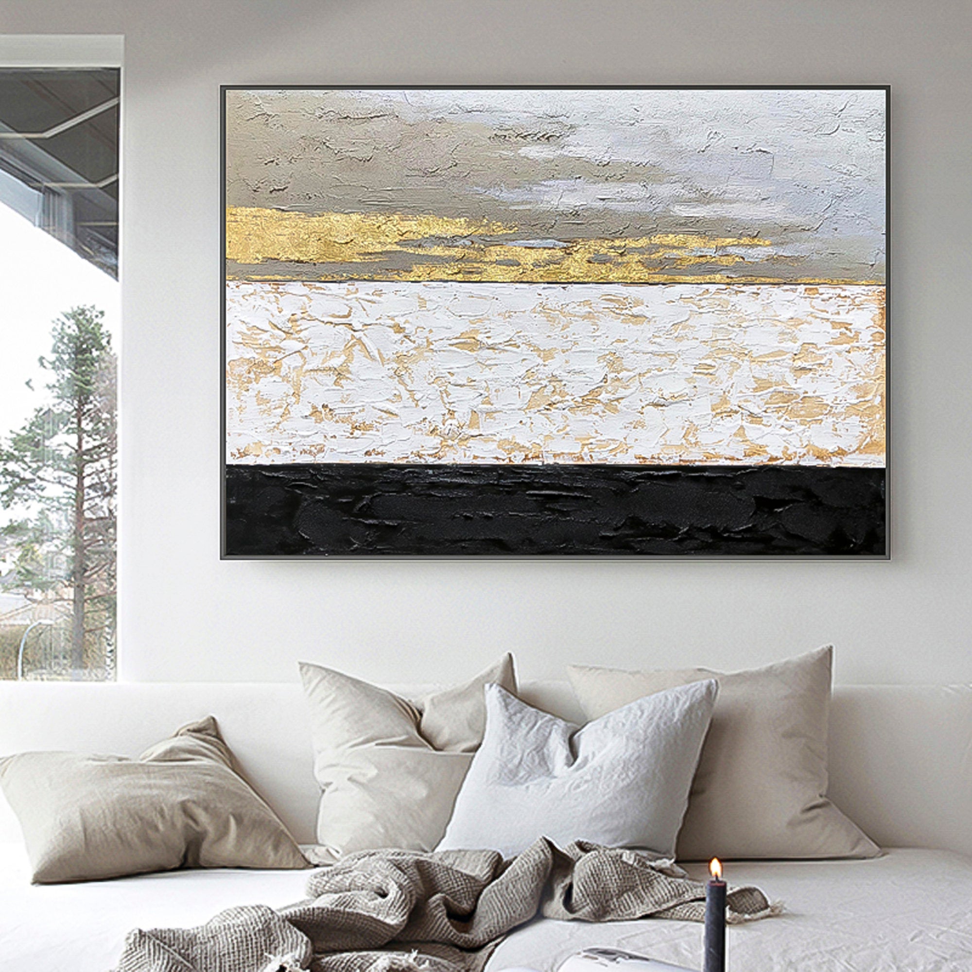 Original handmade minimalist painting Abstract gold white black Huge wall art Oil Painting Abstract brush stroke art Horizontal