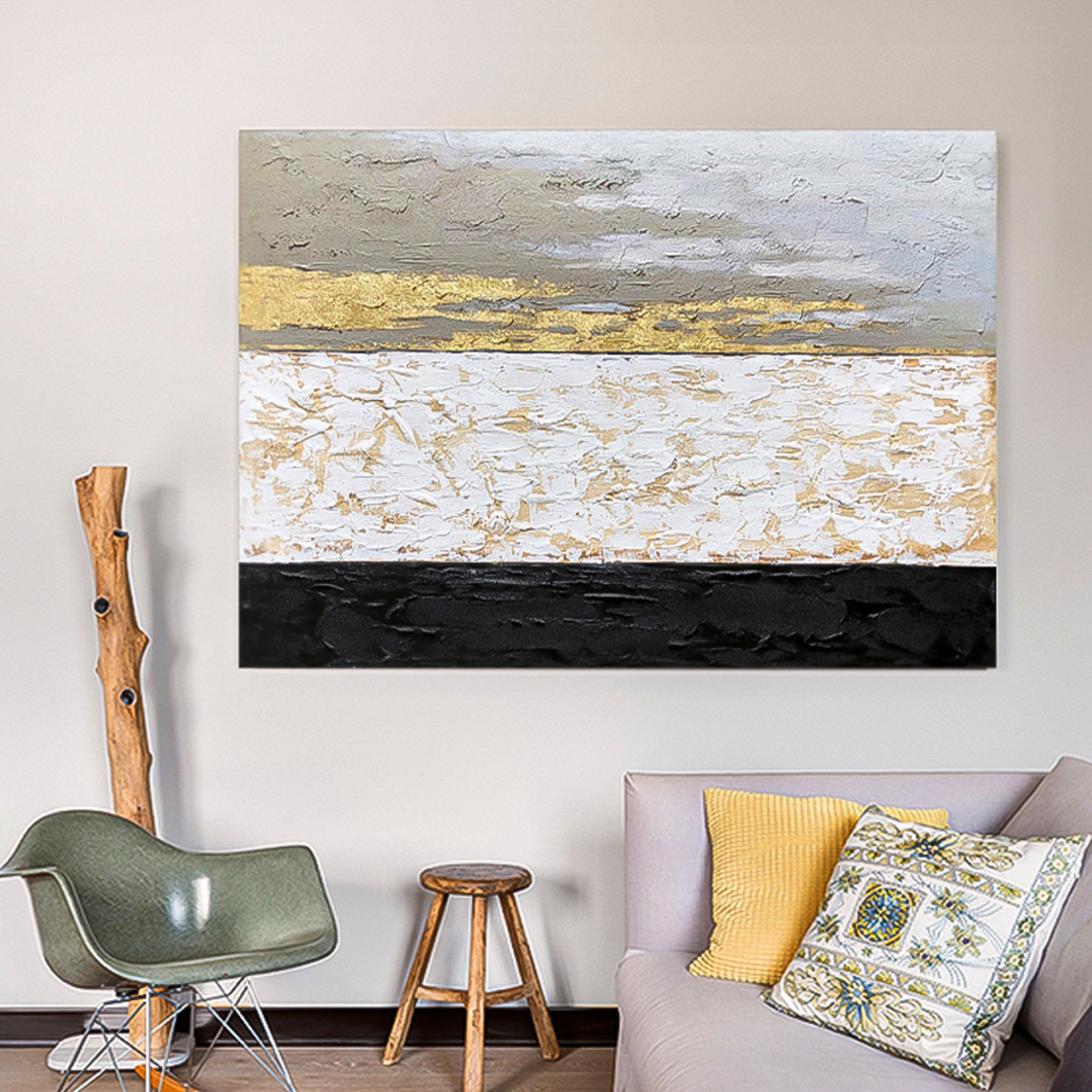 Original handmade minimalist painting Abstract gold white black Huge wall art Oil Painting Abstract brush stroke art Horizontal