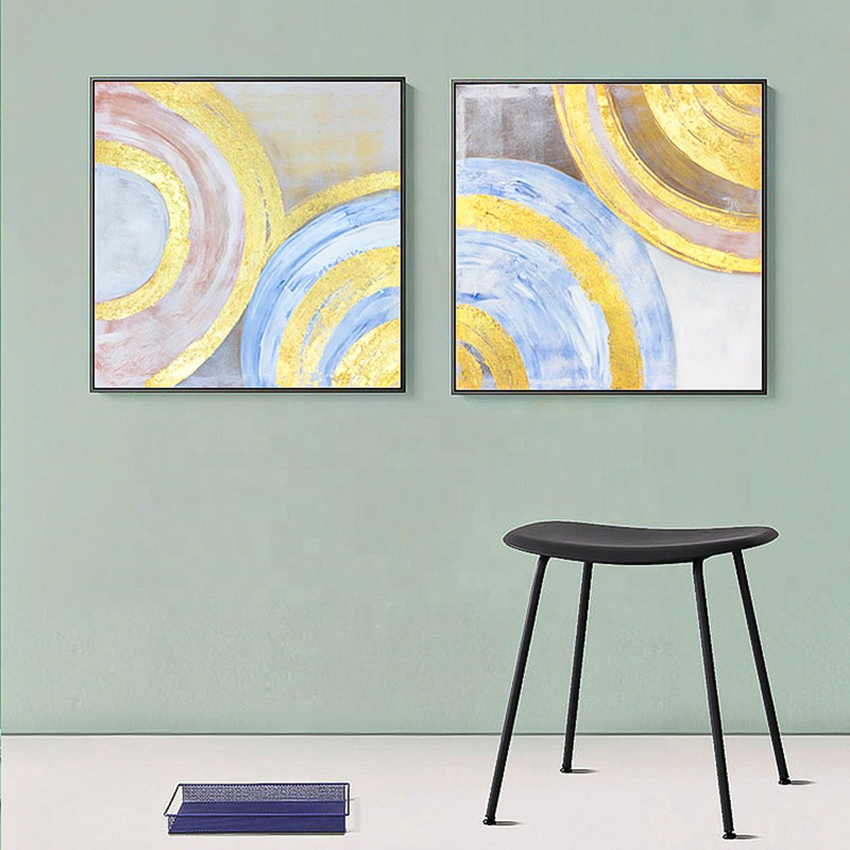 Original handmade minimalist painting gold foil art expressionist Painting 2 piece wall art abstract Square set of 2 colorful