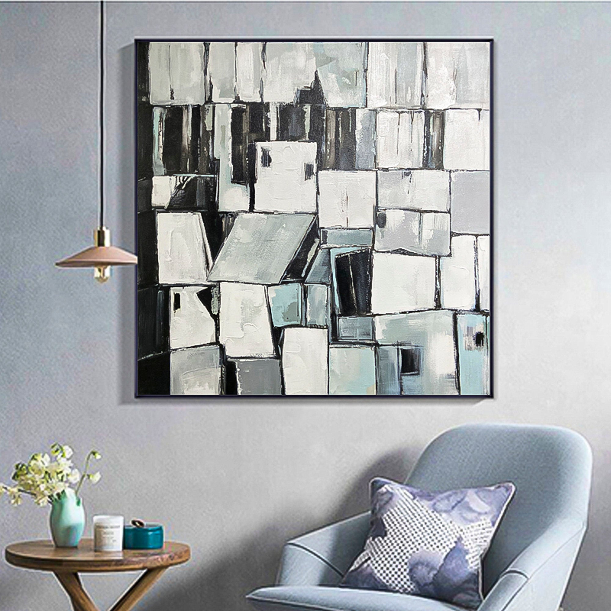 Black and White Abstract brush stroke art handmade oil painting square heavy textured palette knife impressionist huge wall art