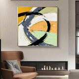 Orange green white black yellow brush stroke art handmade oil painting square heavy textured palette knife impressionist huge wall art