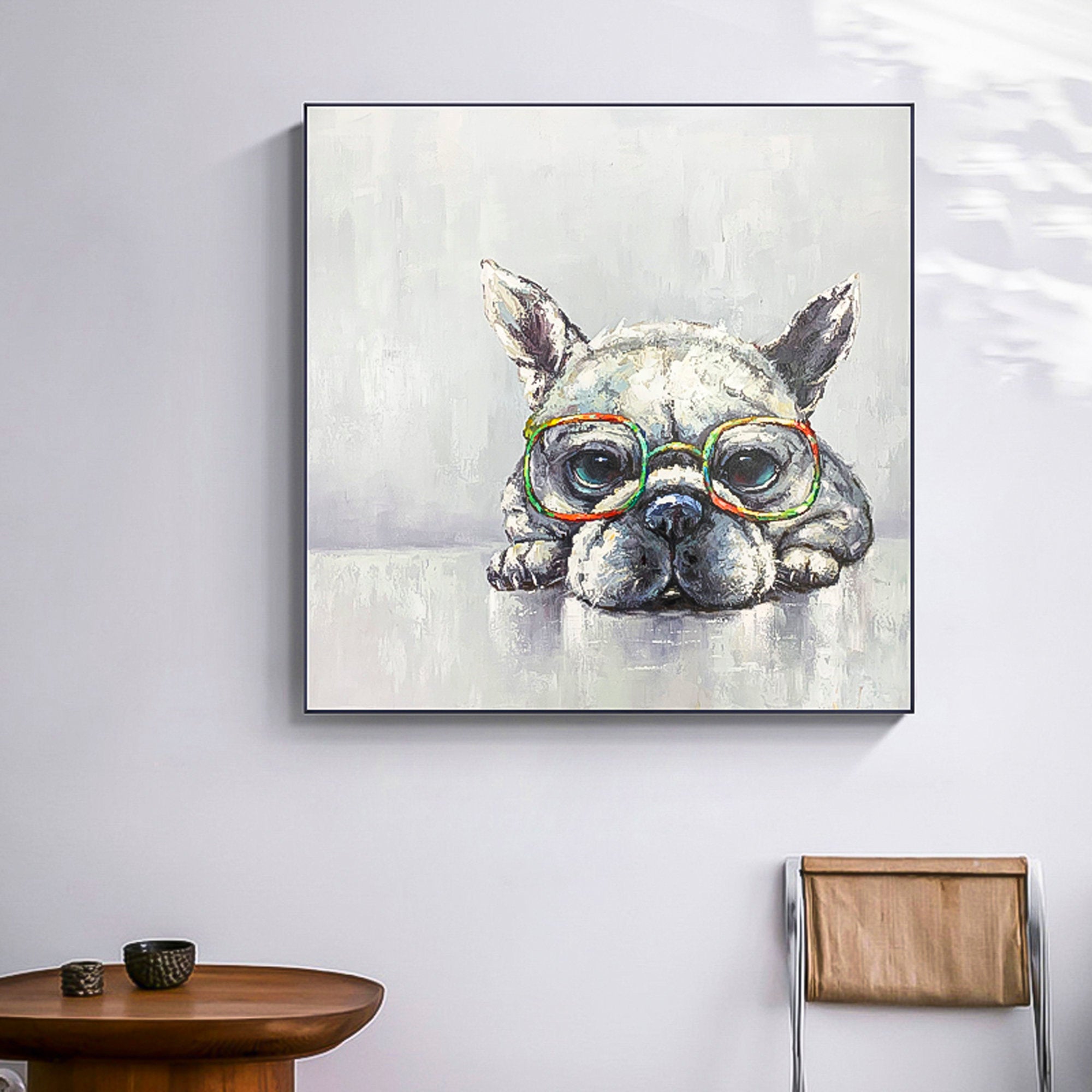 Pug pop art cute puppy cartoon art brush stroke art handmade oil painting square heavy textured palette knife huge wall art