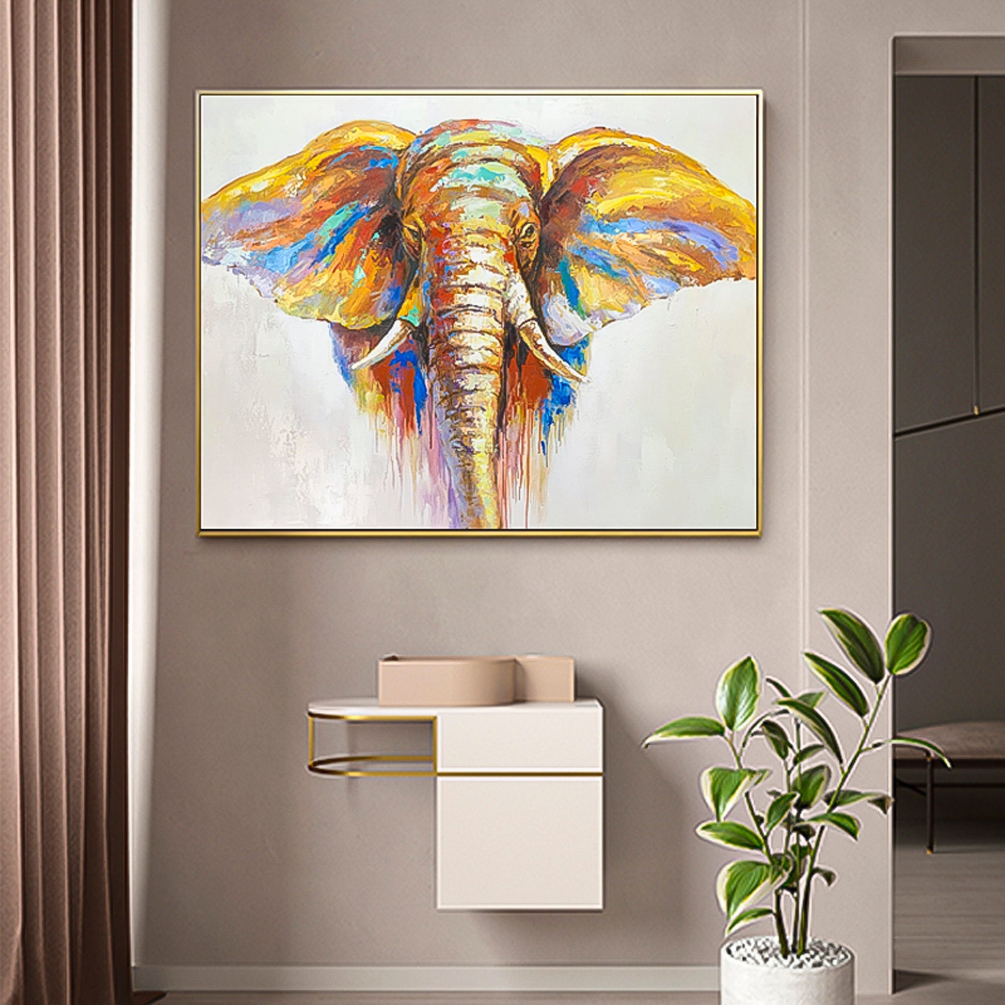 Elephant painting Heavy textured palette knife oil painting canvas wall art living room interior, room decor