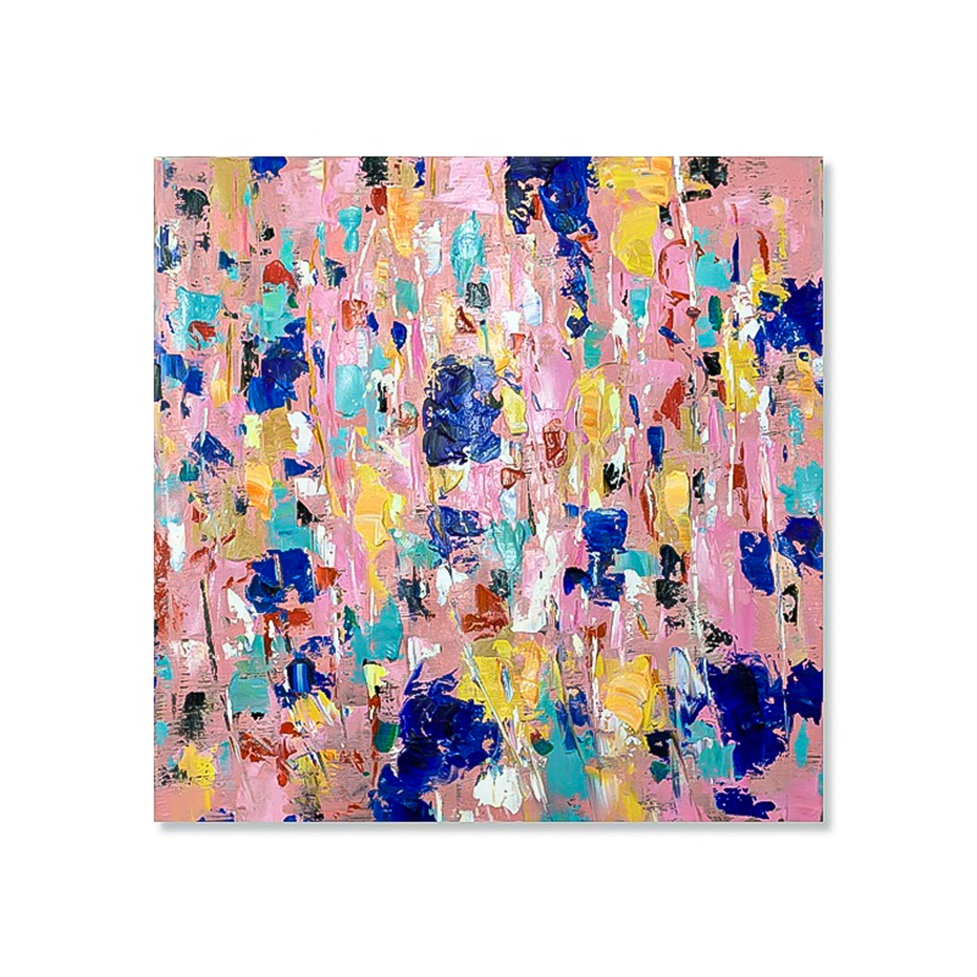 Pink multicolor brush stroke art handmade oil painting square heavy textured palette knife impressionist huge wall art