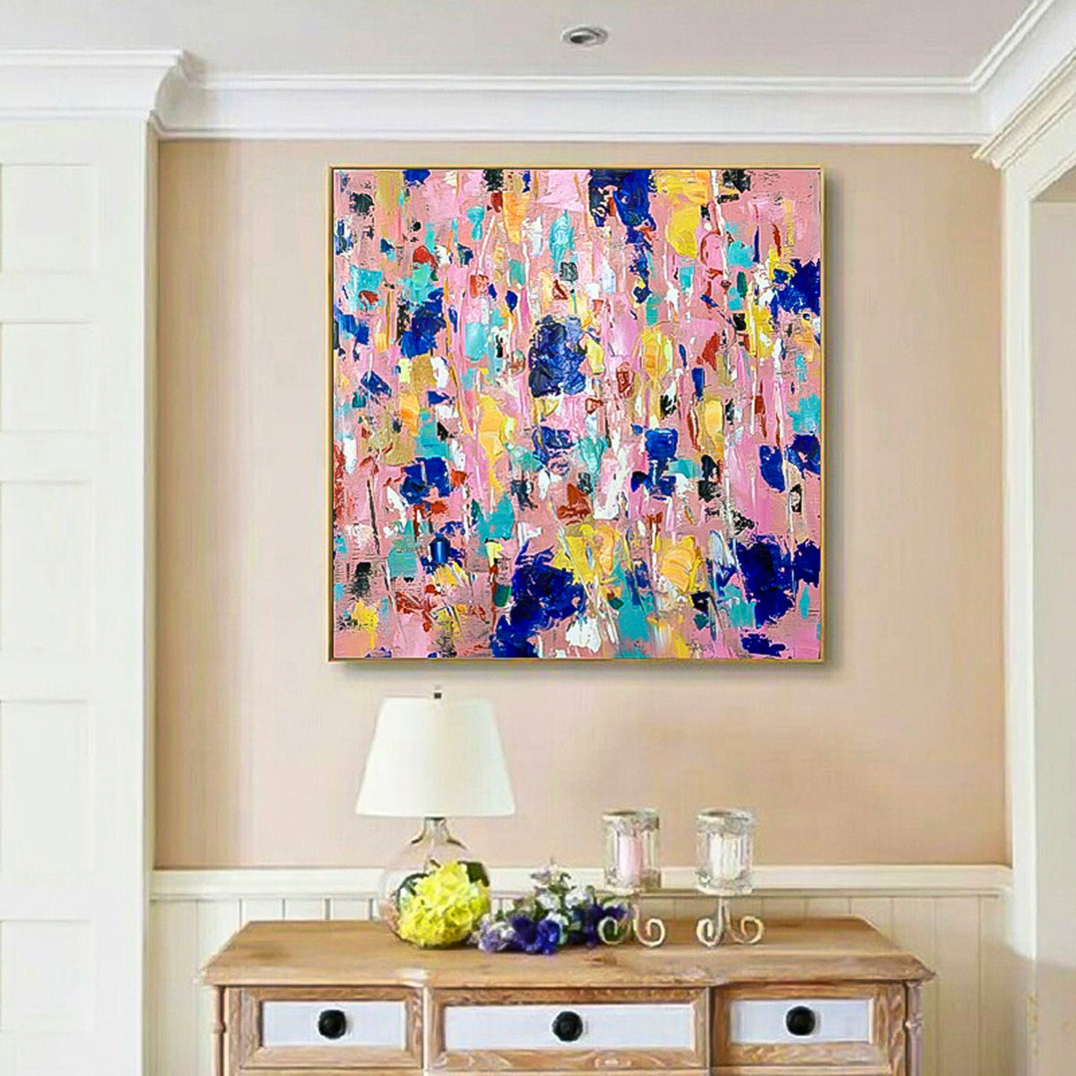 Pink multicolor brush stroke art handmade oil painting square heavy textured palette knife impressionist huge wall art