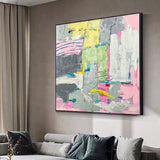 Expressive pink multicolor brush stroke art handmade oil painting square heavy textured palette knife impressionist huge wall art