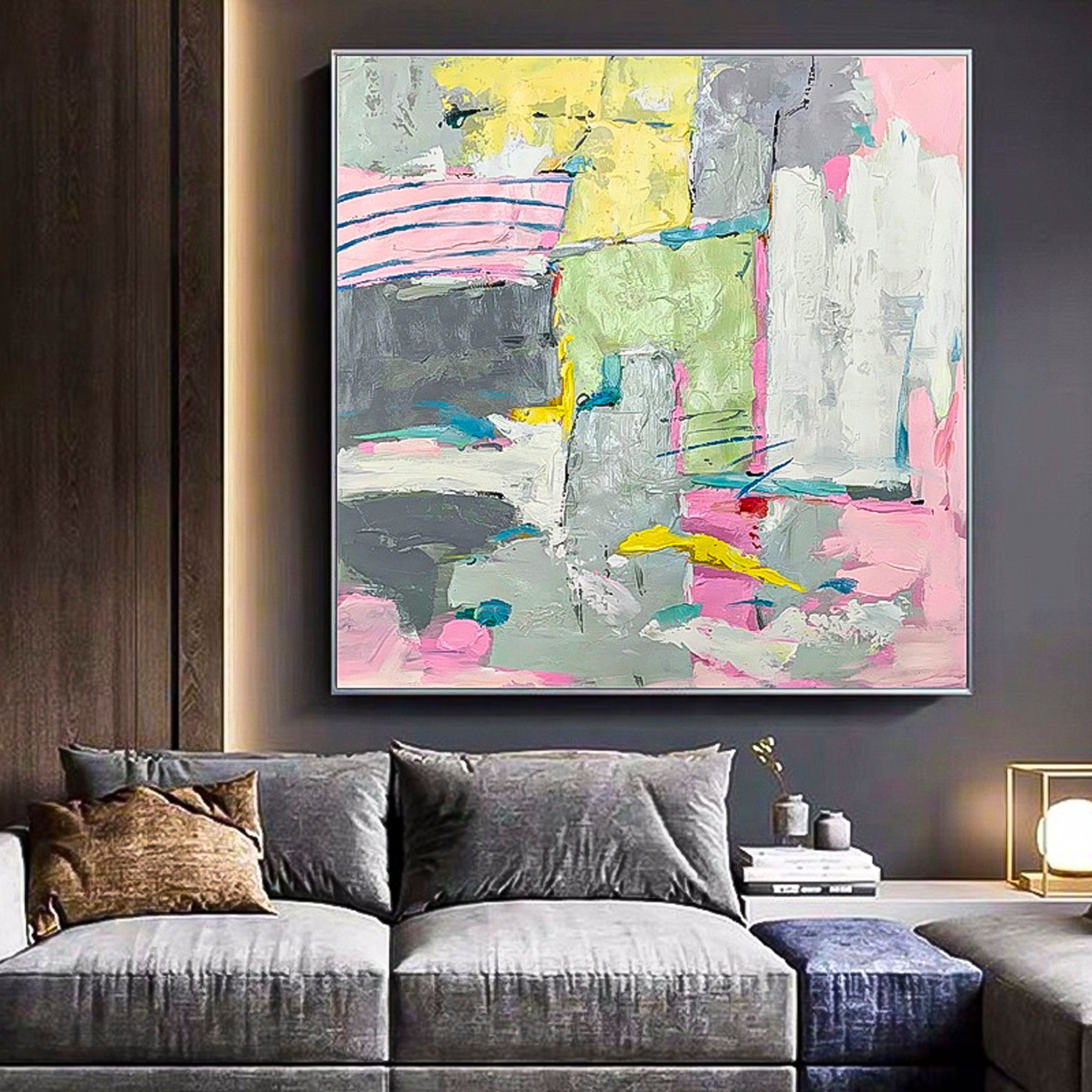 Expressive pink multicolor brush stroke art handmade oil painting square heavy textured palette knife impressionist huge wall art