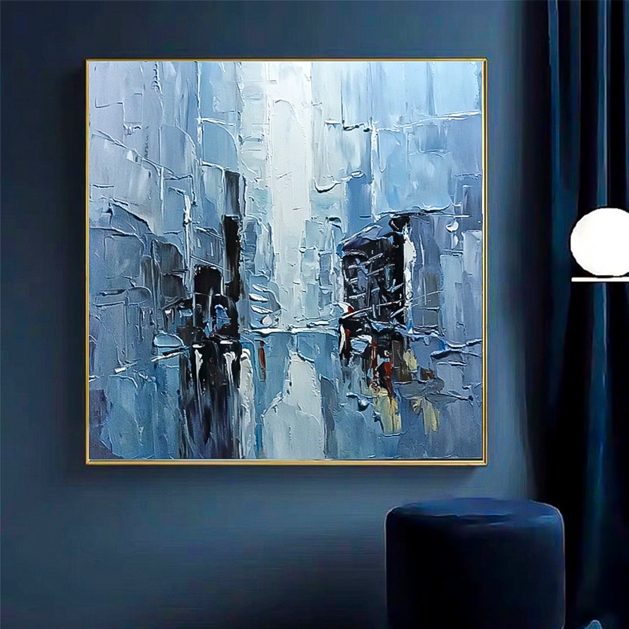 Blue expressionist brush stroke art handmade oil painting square heavy textured palette knife impressionist huge wall art