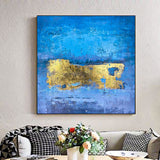 Blue abstract with gold foil art brush stroke art handmade oil painting square heavy textured palette knife impressionist huge wall art