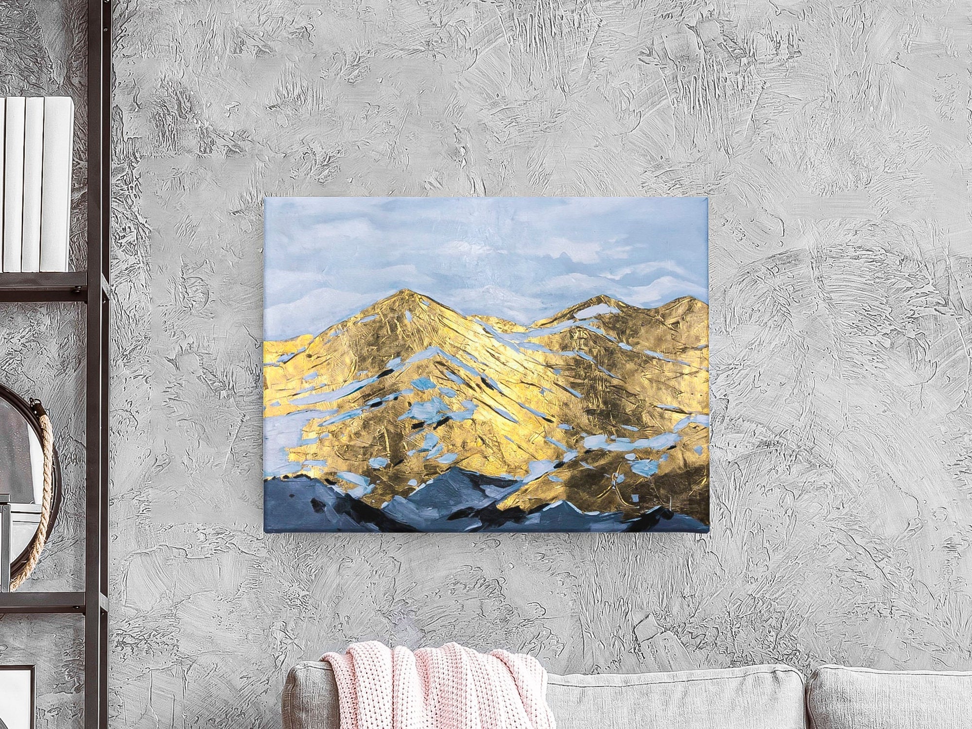 Mountain art oil painting Original handmade mountain climber art with gold foil art Huge wall art Abstract brush stroke art Horizontal