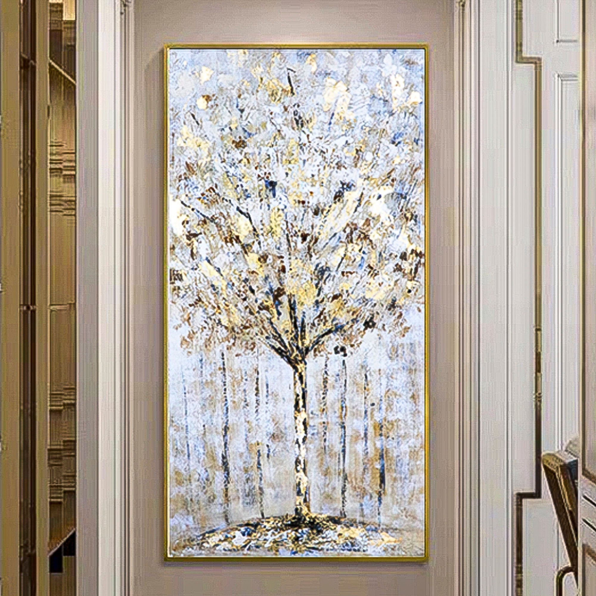 Gold Tree Botanical  floral oil painting long skinny wall art vertical high quality Modern Art Contemporary Wall Art for Living Room