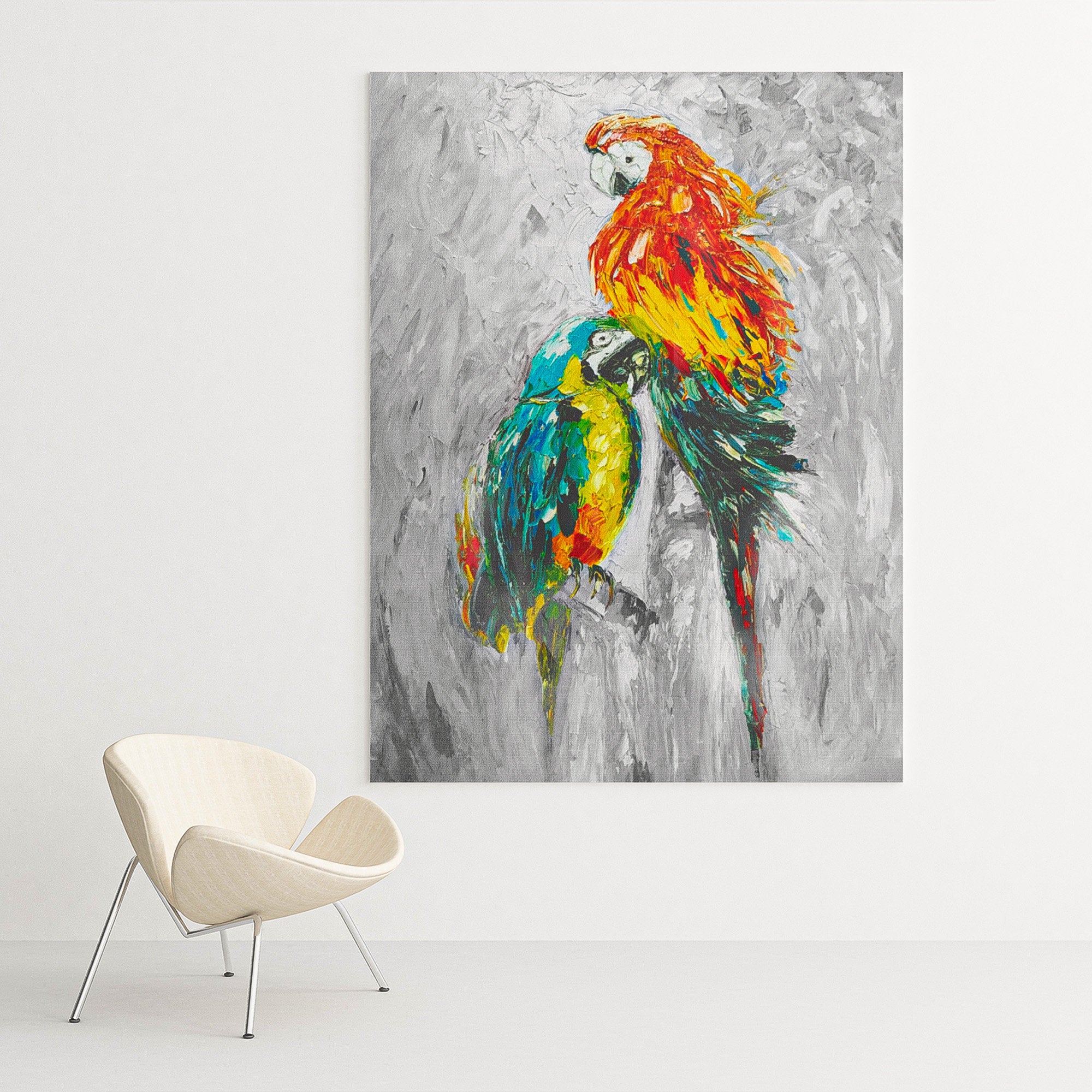 Yellow and gray bird art decor, wall art canvas bird, brush stroke art heavy textured palette knife canvas vertical